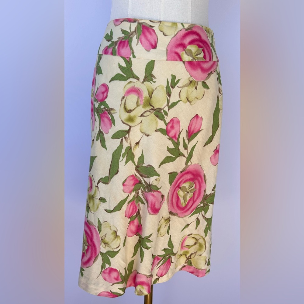 Ann Taylor Loft Women’s Pink/Ivory Rose Floral Linen Blend‎ Skirt Lined Size 2